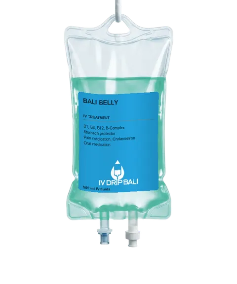 Bali Belly IV bag with IV DRIP BALI label (concept image)