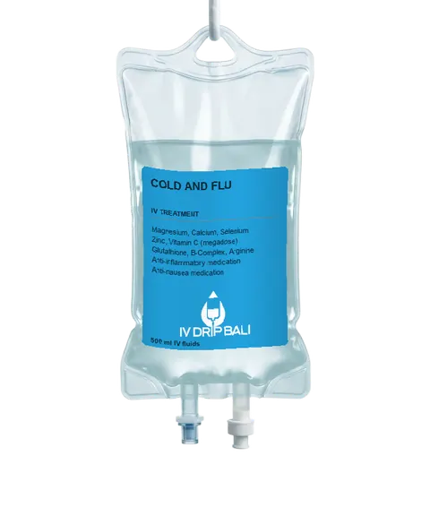 Cold and Flu IV bag with IV DRIP BALI label (concept image)