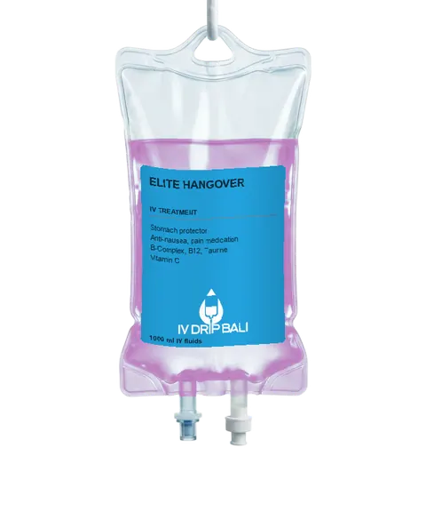 Elite Hangover IV bag with IV DRIP BALI label (concept image)