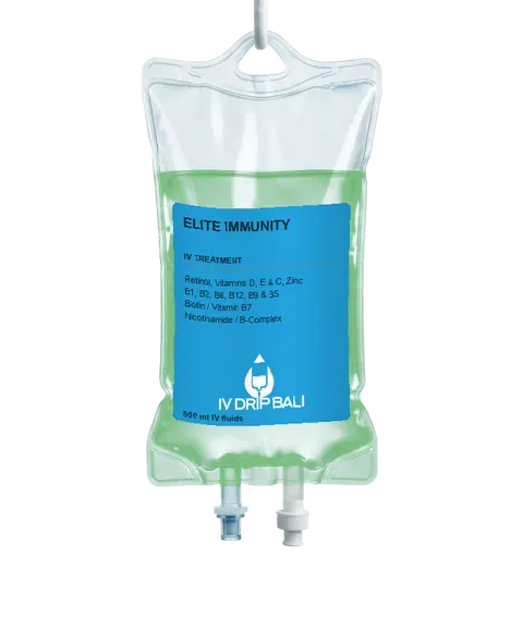 Elite Immunity IV bag with IV DRIP BALI label (concept image)