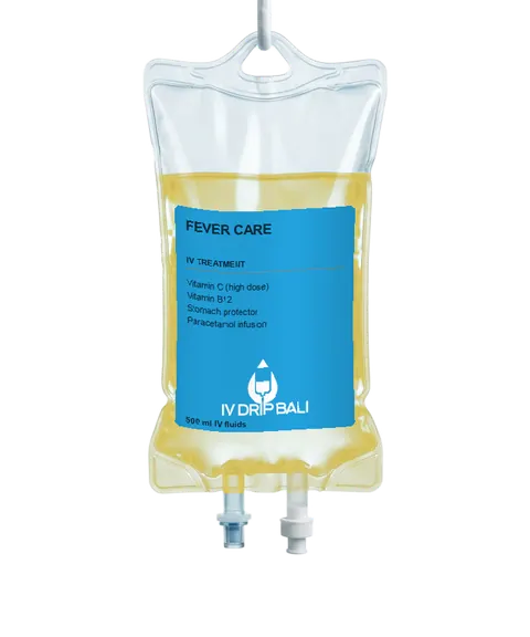 Fever Care IV bag with IV DRIP BALI label (concept image)