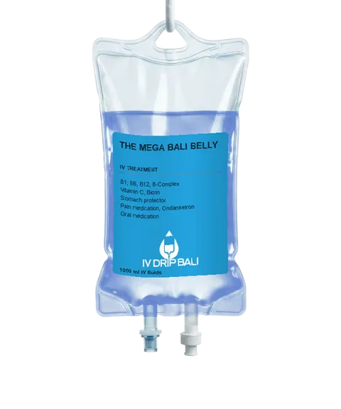 The Mega Bali Belly IV bag with IV DRIP BALI label (concept image)