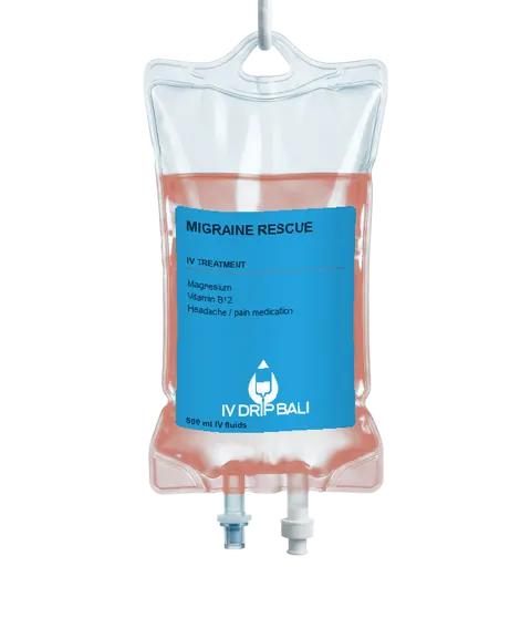 Migraine Rescue IV bag with IV DRIP BALI label (concept image)