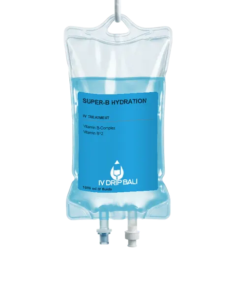 Super-B Hydration IV bag with IV DRIP BALI label (concept image)